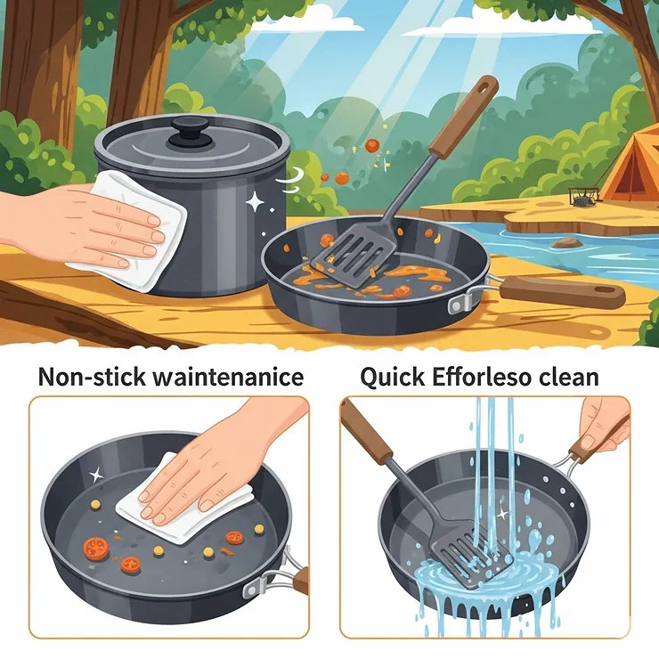 Illustration depicting a camping utensil set being easily cleaned with a simple wipe or rinse, emphasizing the non-stick or smooth surfaces for quick maintenance in the outdoors.