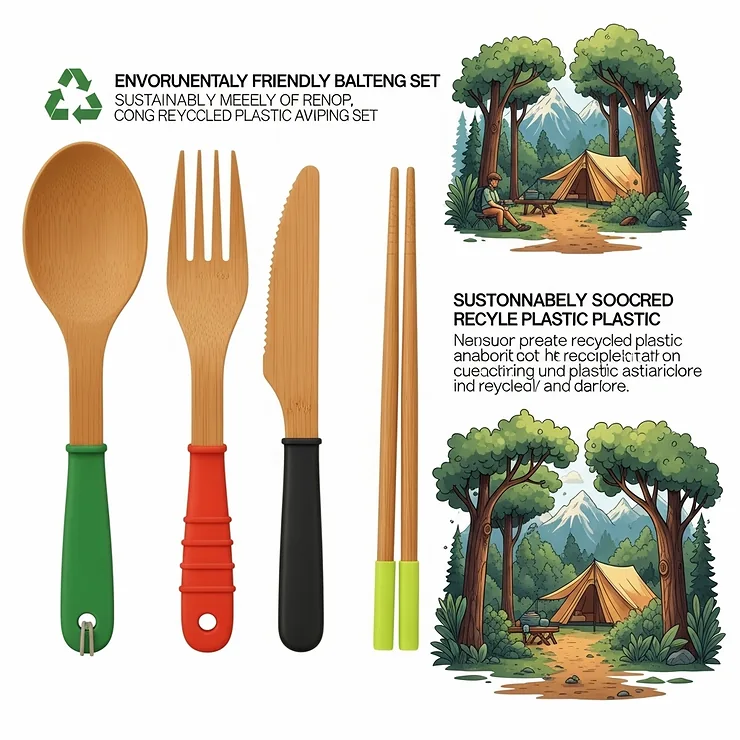 Illustration featuring an eco-friendly camping utensil set made from sustainable materials like bamboo or recycled plastics, appealing to environmentally conscious campers.
