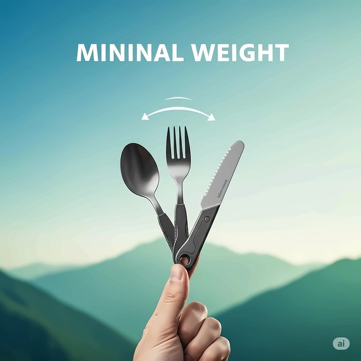 Graphic illustrating a lightweight camping utensil set being held up, showing its minimal weight to emphasize its suitability for backpacking and thru-hiking without adding bulk.
