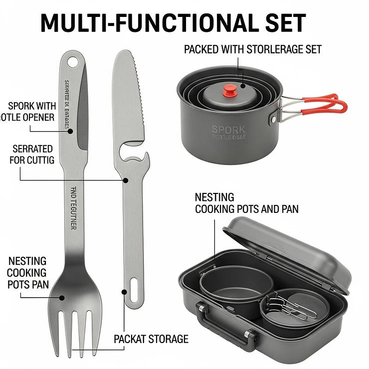 Diagram illustrating the multi-functional features of a camping utensil set, such as a spork with an integrated bottle opener or a nesting pot and pan system, showcasing versatility.
