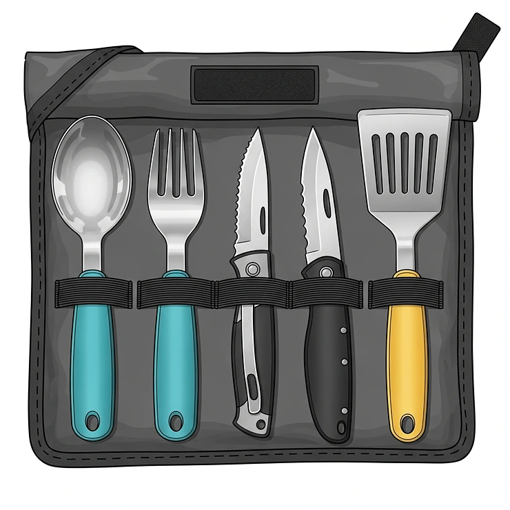 Illustration of a camping utensil set neatly organized within a carrying case or roll-up pouch, demonstrating efficient storage and easy access for outdoor cooking gear.