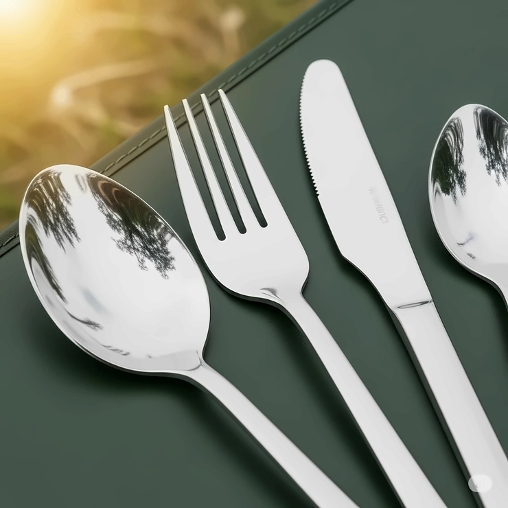 Close-up illustration of a stainless steel camping utensil set, highlighting the robust and rust-resistant material, ideal for frequent outdoor use.