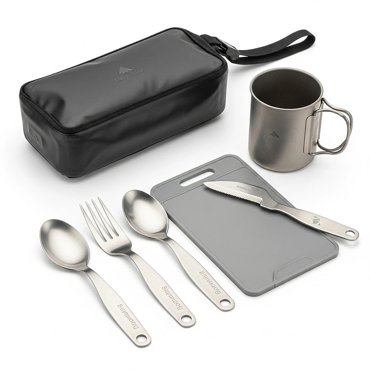 Essential camping fork paired with other necessary outdoor eating utensils, creating a complete camp kitchen set.