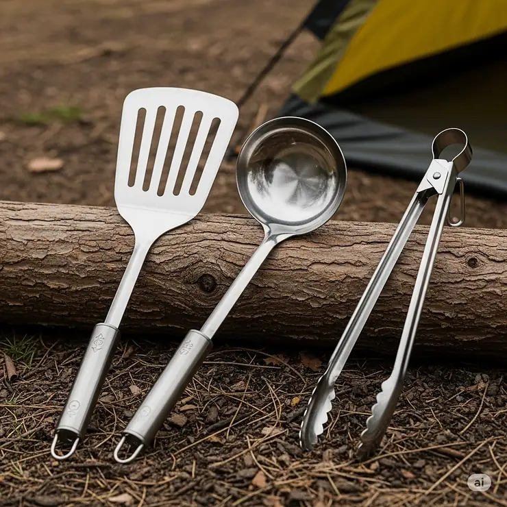 Collection of essential stainless steel utensils for camping, including a spatula, ladle, and tongs, designed for durability.