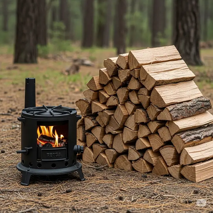 Efficient cast iron camp stove ready for use, with neatly stacked firewood beside it for easy fuel access.