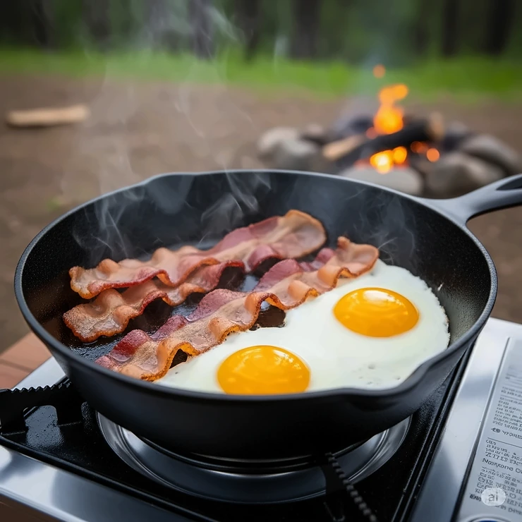 A sizzling cast iron camping skillet cooking bacon and eggs, highlighting its versatility for breakfast and other meals in the great outdoors.