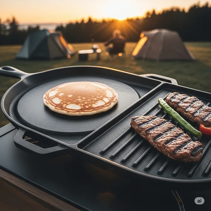 A versatile cast iron reversible griddle, with a flat side for pancakes and a ribbed side for grilling, perfect for various cast iron camping cookware needs.
