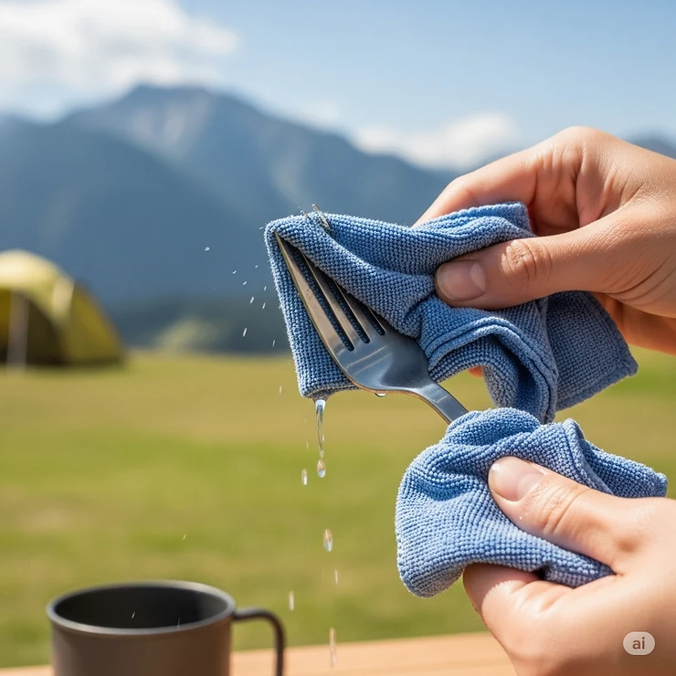 Hand cleaning a reusable camping fork with a cloth, highlighting its easy maintenance for outdoor adventures.