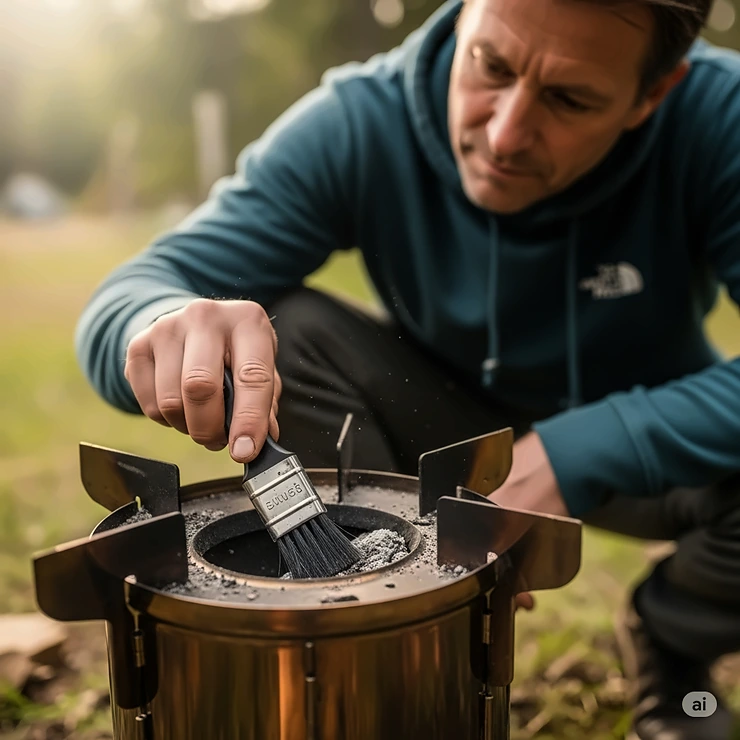 Person gently brushing out the ash from a cool camping rocket stove, demonstrating easy maintenance for prolonged use.