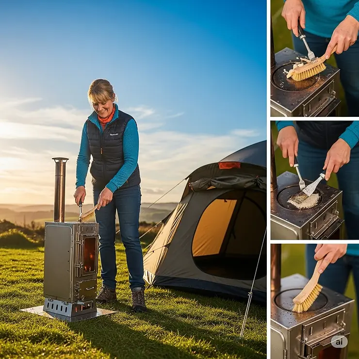 A person demonstrating the easy cleaning and maintenance of a camping log burner stove after use.