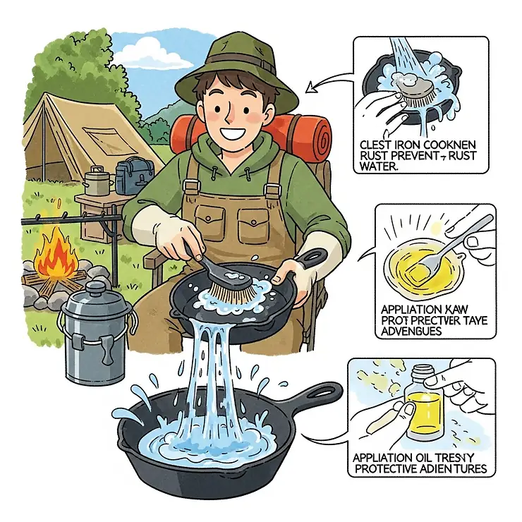 An illustration demonstrating how to clean cast iron camping cookware after use, ensuring it remains rust-free and ready for the next adventure.