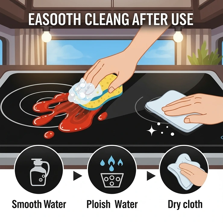 An illustration demonstrating the easy cleaning process of a smooth-top electric camper stove surface after use.