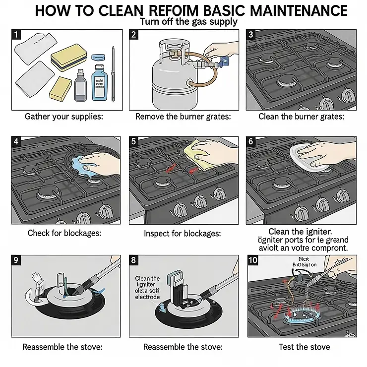 Step-by-step illustration demonstrating how to clean and perform basic maintenance on a propane stove used for RVs and travel trailers.