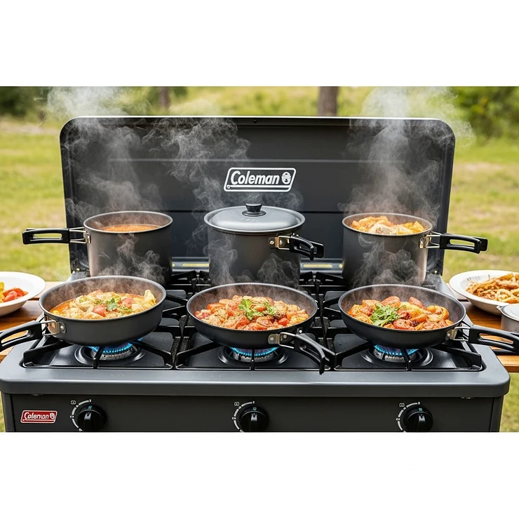 The Coleman 3 burner stove in action, with multiple pots and pans simultaneously cooking a meal, highlighting its versatility for group camping.
