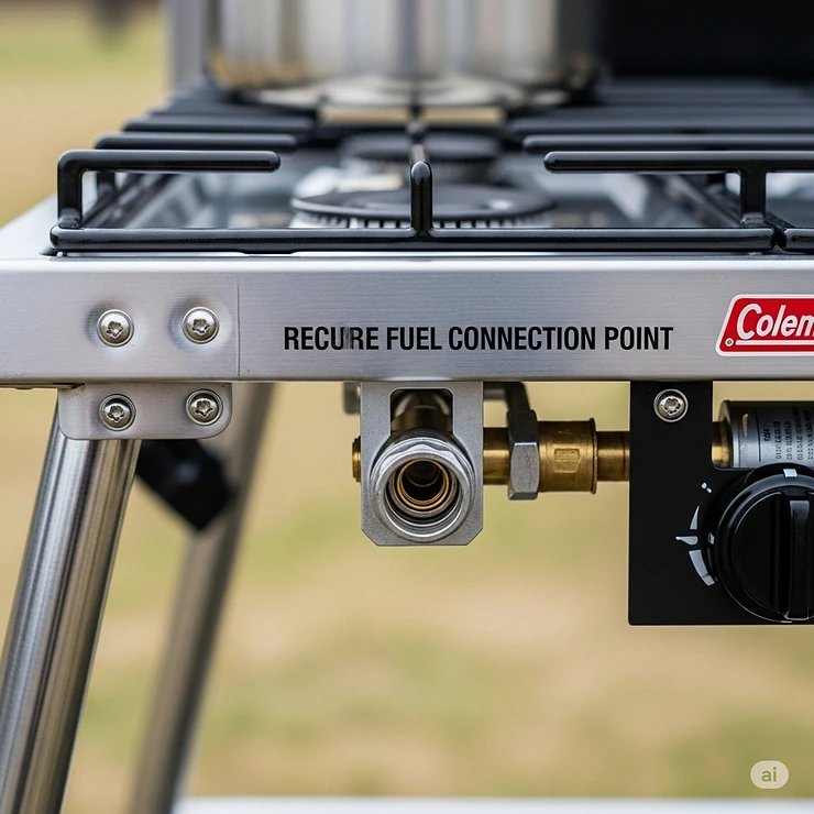 Side view of the Coleman 3 burner stove, showing the secure fuel connection point, indicating reliable propane operation.