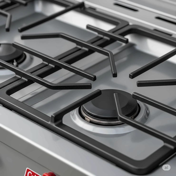 Detailed view of the durable grates and cooking surface of the Coleman 3 burner stove, designed for sturdy support of various cookware sizes.
