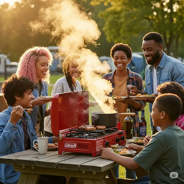 A group of happy campers gathered around a Coleman 3 burner stove, enjoying a cooked meal outdoors, showcasing its utility for families and friends.