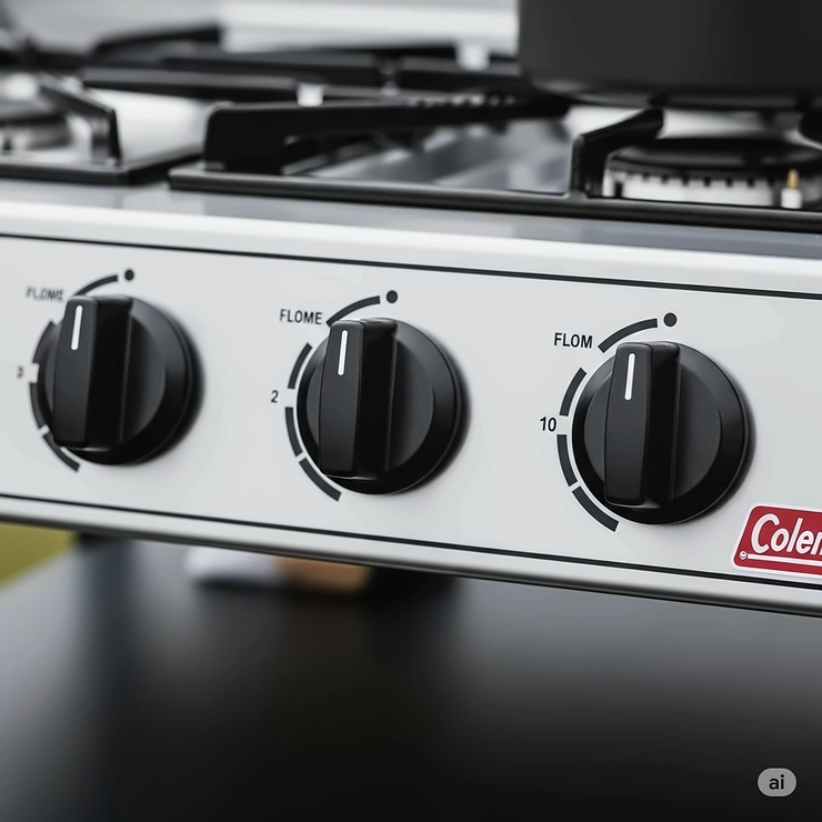 Close-up of the individual control knobs on the Coleman 3 burner stove, illustrating precise flame adjustment for each burner.