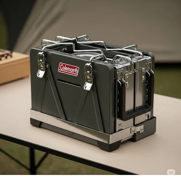 The Coleman 3 burner stove in its folded, portable configuration, emphasizing its compact size and easy transport for camping and tailgating.