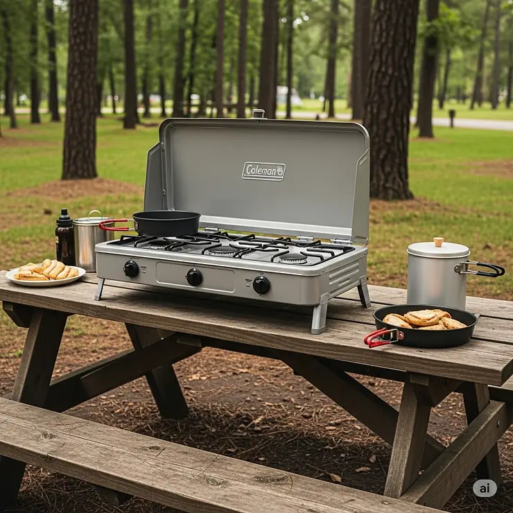 The Coleman 3 burner stove comfortably placed on a picnic table at a campsite, ready for cooking, demonstrating its stability and ease of use.