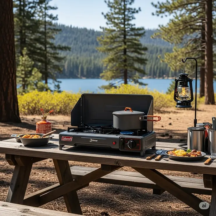 A Coleman 3 burner stove set up at a campsite, showcasing its compact design and powerful cooking capabilities for outdoor adventures.