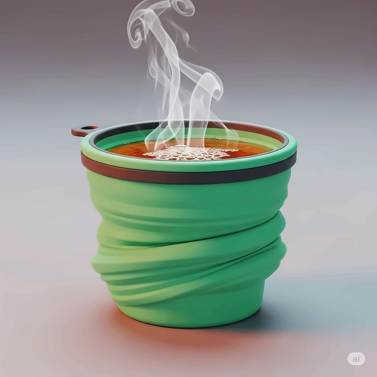 A collapsible silicone cup, an innovative and space-saving camping utensil perfect for hot or cold beverages on the go.