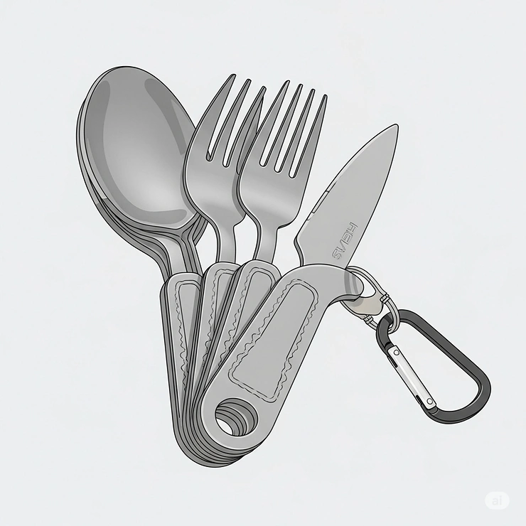 Close-up of a compact, lightweight camping cutlery set, showing how pieces nest together for easy packing.