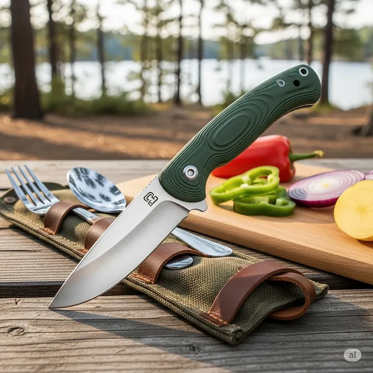 A small, sharp camping knife, part of a travel silverware set, with a comfortable grip, perfect for preparing meals at the campsite.