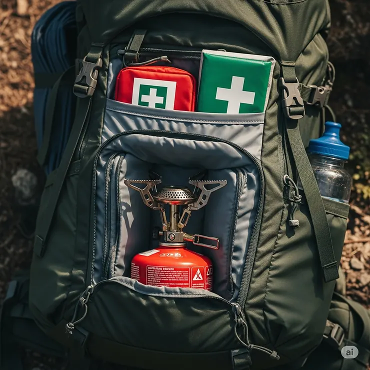A lightweight and compact gasoline camp stove neatly packed away in a hiking backpack, ready for an adventurous backpacking trip.