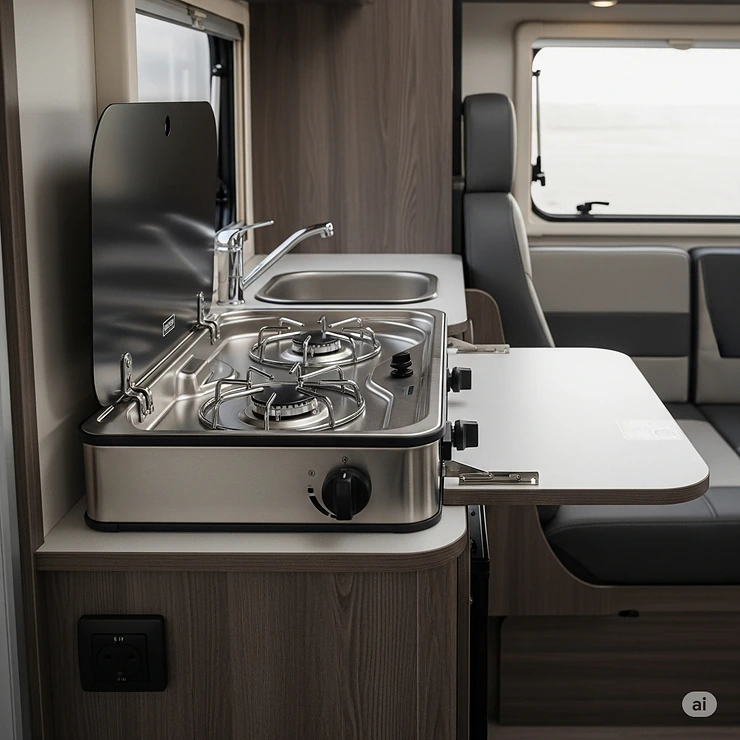 A side view of a compact RV camper stove, highlighting its space-saving design ideal for small campervan kitchens.