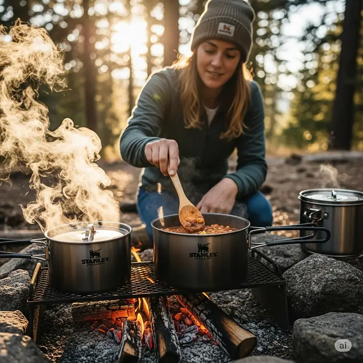 A Stanley camping cookware set in use over a crackling campfire, preparing a delicious outdoor meal.
