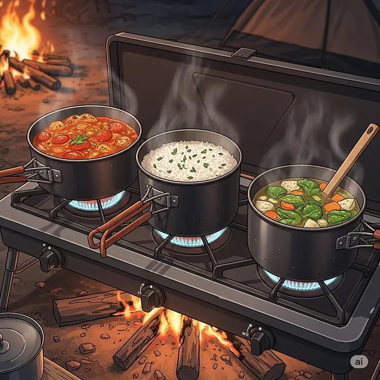 An illustration depicting three different pots simmering simultaneously on a three-burner camp stove, highlighting its capacity for versatile meal preparation.
