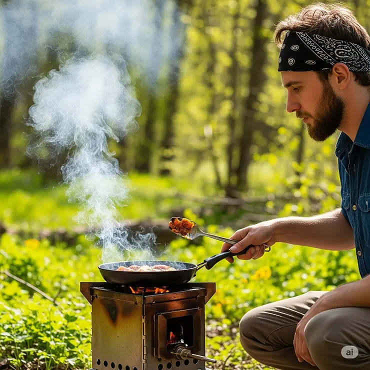 A person cooking a meal on top of a portable camping log burner stove, demonstrating its versatility for outdoor culinary needs.