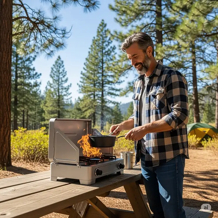 A happy camper preparing a warm meal on a reliable gasoline camp stove, set up on a picnic table amidst a scenic outdoor campsite.