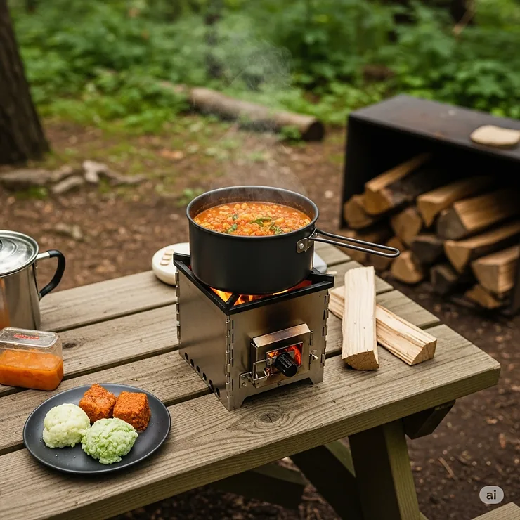 A pot of food simmering on top of a camping rocket stove, set up on a picnic table at a campsite, highlighting its use for outdoor cooking.