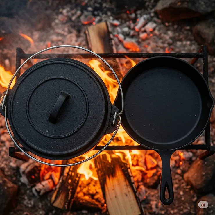 An overhead shot of cast iron camping cookware being used directly over a campfire, emphasizing its durability and suitability for open-flame cooking.