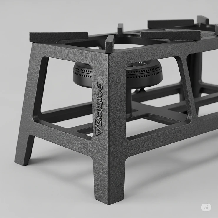Detailed view of the cast iron construction and sturdy frame of a heavy-duty outdoor gas burner, emphasizing its durability.