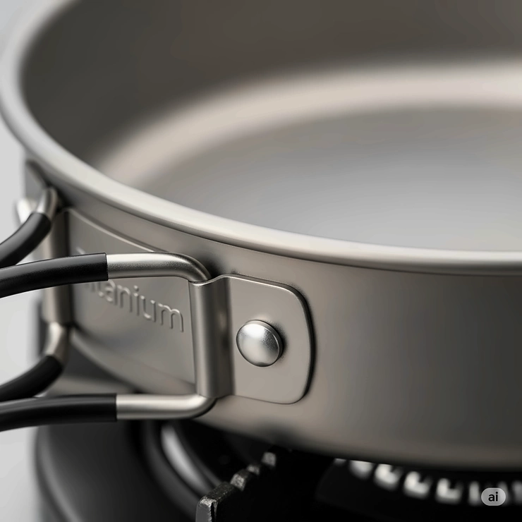 A close-up of a titanium frying pan, showing its robust construction and scratch-resistant surface, highlighting the durability of titanium camping gear.