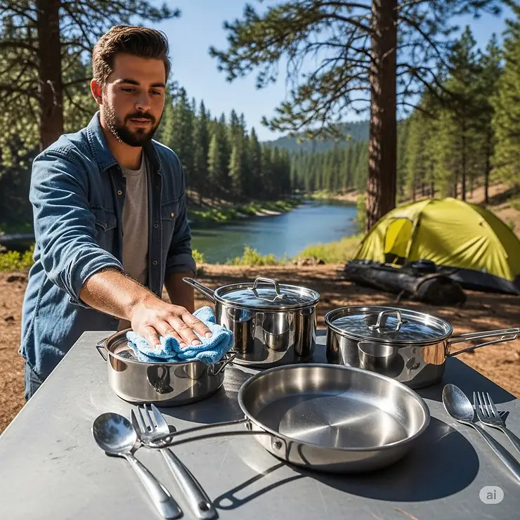 Someone easily cleaning stainless steel cookware at a campsite, highlighting the material's non-reactive and easy-to-maintain properties for camping.