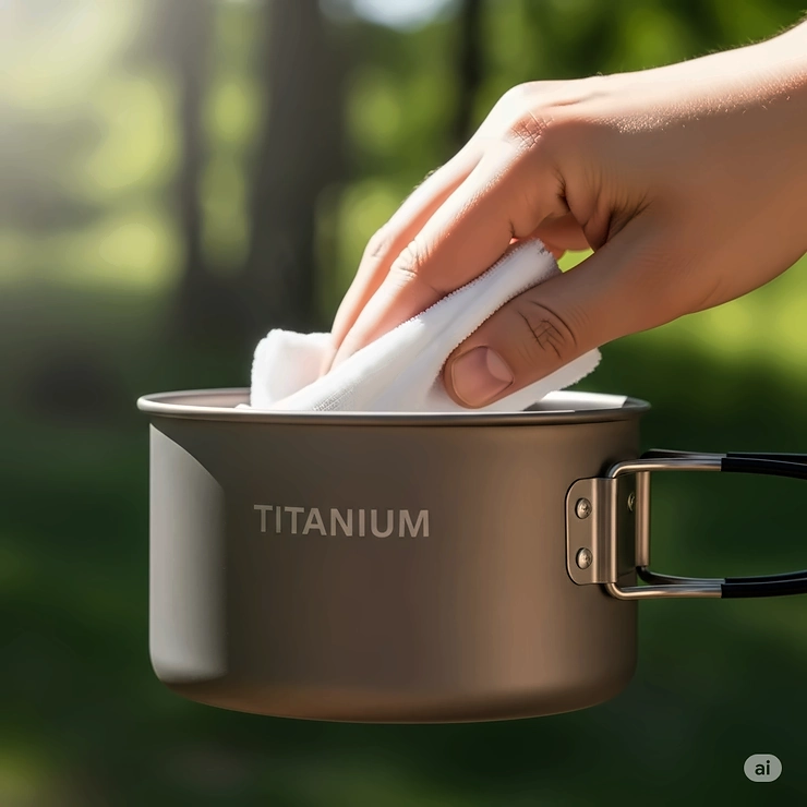 A hand easily wiping clean a titanium camping pot, highlighting the non-stick properties and ease of maintenance for outdoor use.