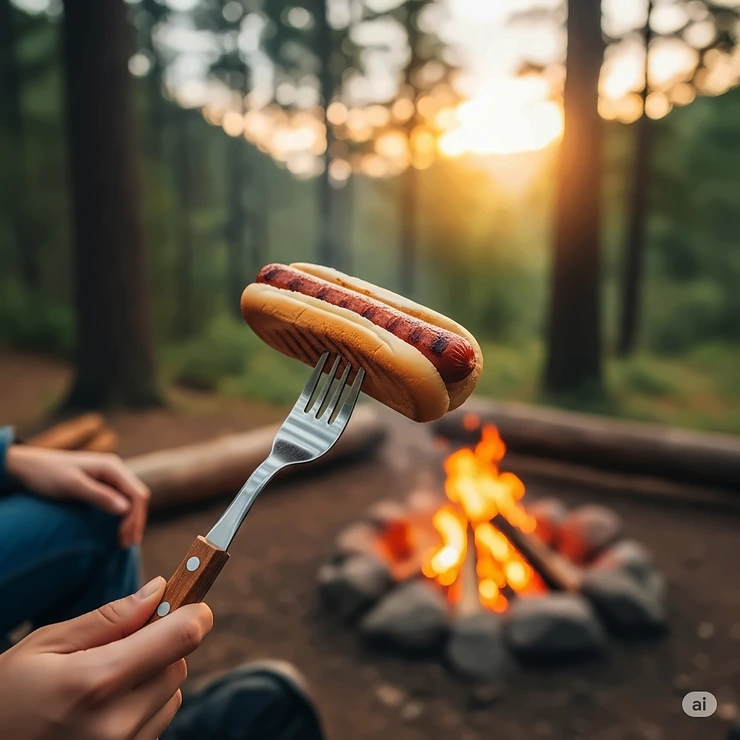 Enjoying a delicious outdoor meal, using a sturdy camping fork to savor a campfire-cooked hotdog.