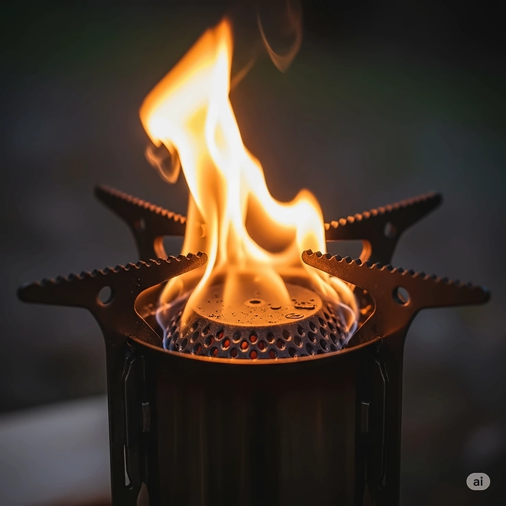 Close-up of a clean, hot flame emerging from a camping rocket stove, illustrating its high fuel efficiency and concentrated heat output.