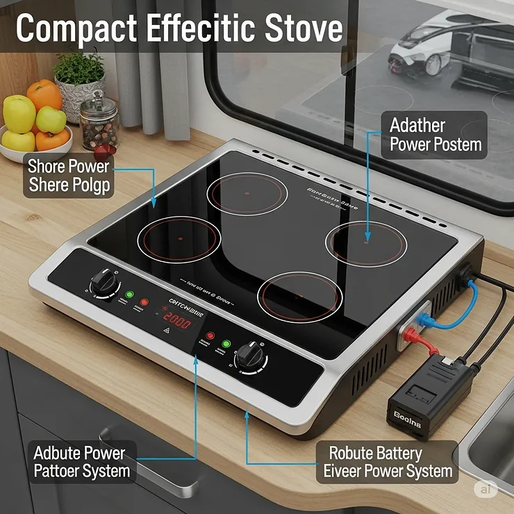 Graphic depicting an electric small RV stove with indicator lights, suitable for RVs with shore power or robust battery systems.