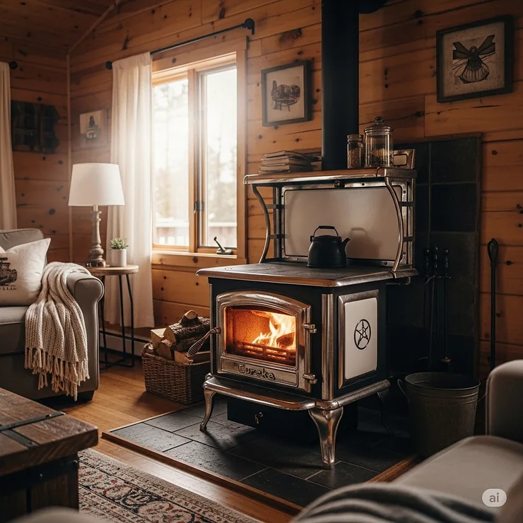 A Eureka stove providing cozy warmth in a charming cabin, illustrating its versatility for various home environments.