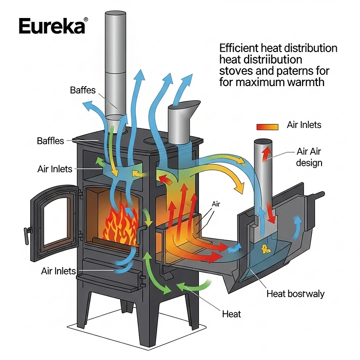 Infographic explaining the efficient heat distribution and airflow patterns within a Eureka stove for maximum warmth.