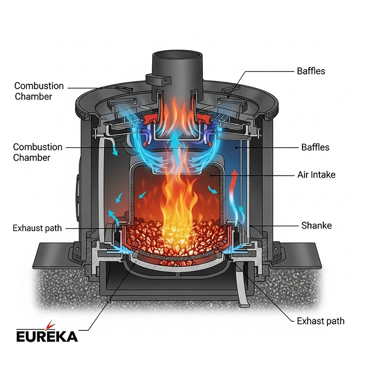 Cross-section diagram of a Eureka stove, highlighting its combustion chamber, baffles, and air intake system for optimal performance.