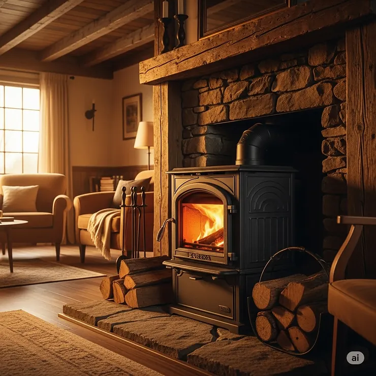 A classic Eureka wood-burning stove, radiating warmth in a rustic living room, perfect for efficient home heating.