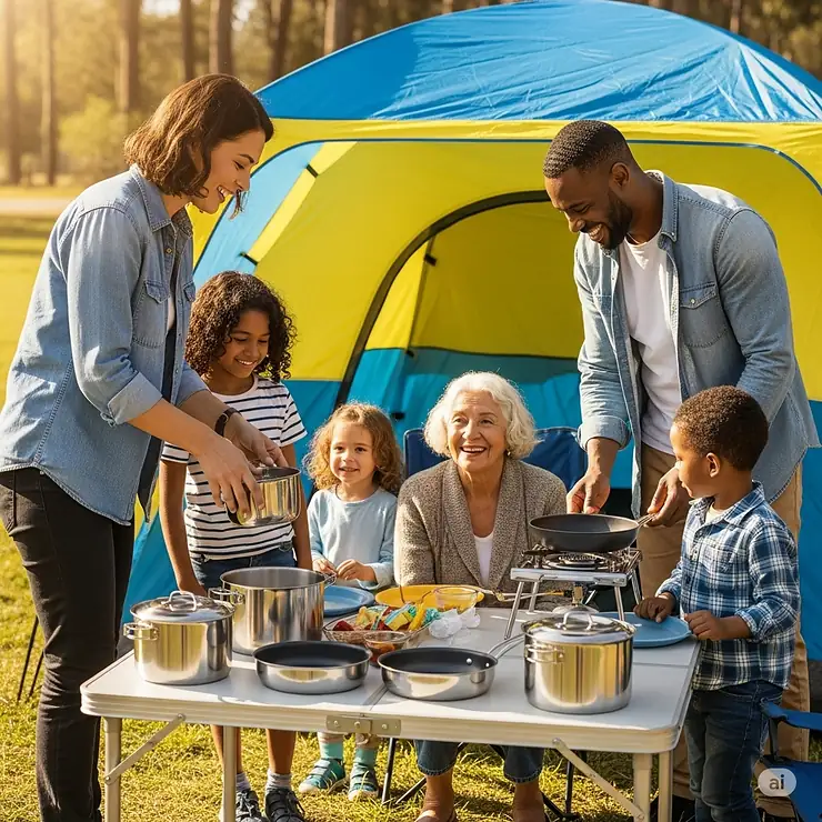 A family setting up their stainless steel cookware at a campsite, emphasizing the suitability for group camping and outdoor dining.