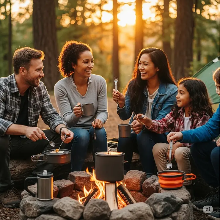 A family enjoying a meal at a campsite, each using different camping utensils, illustrating the practical use of these tools in a real-world outdoor setting.