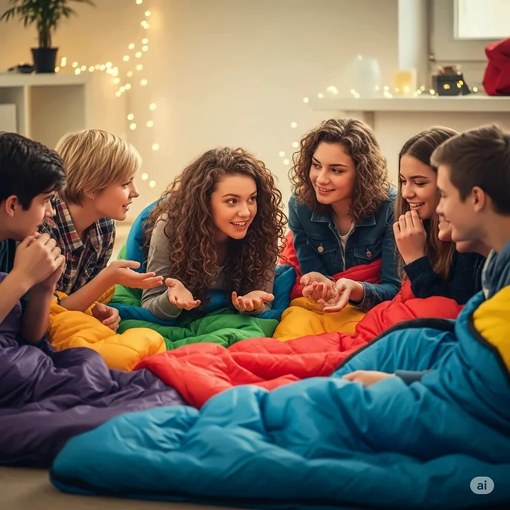 Friends telling stories while snuggled in their sleeping bags at a slumber party.